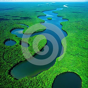 Aerial view of the Amazonas jungle landscape with river