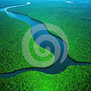 Aerial view of the Amazonas jungle landscape with river