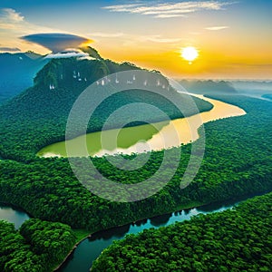 Aerial view of the Amazonas jungle landscape with river