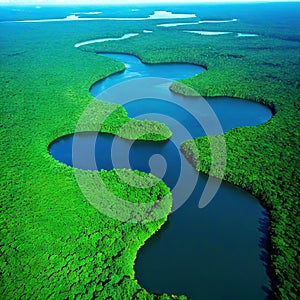 Aerial view of the Amazonas jungle landscape with river