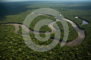 aerial view of the amazonas, with one of its tributaries visible, and surrounded by dense vegetation