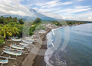 Aerial view of Amed beach in Bali, Indonesia