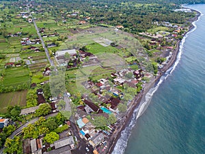 Aerial view of Amed beach in Bali, Indonesia