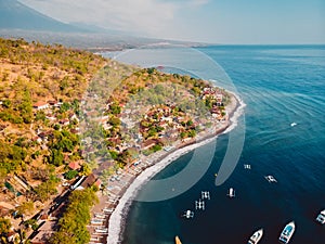 Aerial view of Amed village with sea and boats, Bali