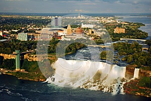 An aerial view of The American Falls and of Niagara Falls, New York