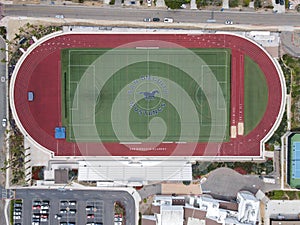 Aerial view of American football field at San Dieguito High School Academy, California, USA