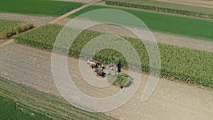 Aerial View of an Amish Family Farm Harvesting it`s Corn Crop on a sunny Autumn Day