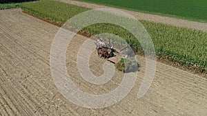 Aerial View of an Amish Family Farm Harvesting it`s Corn Crop on a sunny Autumn Day