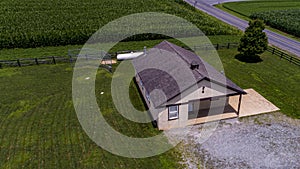 Aerial View of an Amish One Room School House, in the Middle of a Corn Field, With a Baseball Field