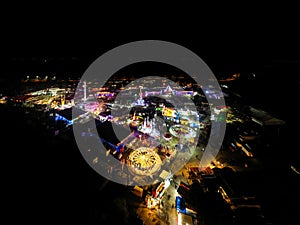 Aerial view of an amusement park at night