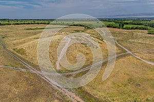 Aerial view of ancient Balasagun citadel remnants from the Burana tower, Kyrgyzst