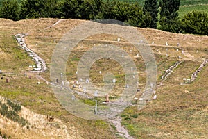 Aerial view of ancient balbals stone markers from the Burana tower, Kyrgyzst