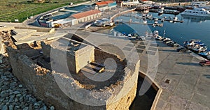 Aerial View of Ancient Castle Fort on the Mediterranean Coast in Paphos, Cypru