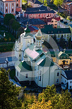 Aerial view of ancient church in Krements during sunset. Aerial view from the Bona mountain. Travel and tourism concept. Kremenets