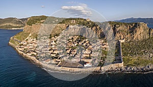 Aerial view of the ancient hillside town of Monemvasia located in the southeastern part of the Peloponnese peninsula