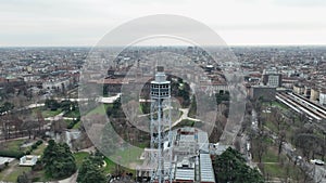 Aerial view of the Ancient observation tower in 4k