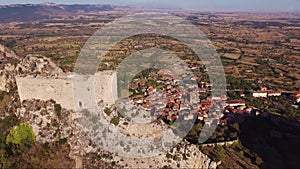 Aerial view of ancient ruins of Poza de la Sal castle in Burgos, Castile and Leon, Spain.