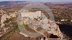 Aerial view of ancient ruins of Poza de la Sal castle in Burgos, Castile and Leon, Spain.