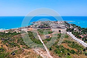 Aerial view of ancient ruins of Side town