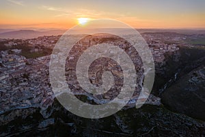 Aerial view of the ancient town of Matera at sunset, Matera, Italy