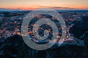 Aerial view of the ancient town of Matera at sunset, Matera, Italy