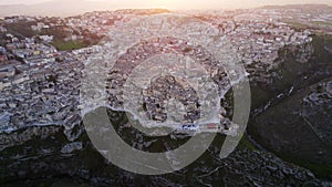 Aerial view of the ancient town of Matera at sunset, Matera, Italy