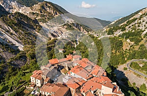 Aerial view of ancient village Colonnata situated in the Apuan Alps, province of Massa-Carrara, Tuscany