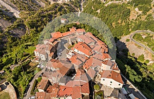 Aerial view of ancient village Colonnata situated in the Apuan Alps, province of Massa-Carrara, Tuscany