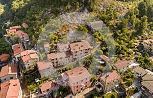 Aerial view of ancient village Colonnata situated in the Apuan Alps, province of Massa-Carrara, Tuscany