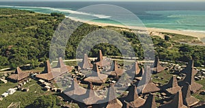Aerial view ancient village: traditional houses at Sumba island, Indonesia. Nobody nature landscape