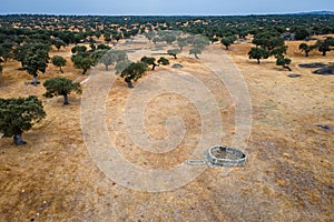 Aerial view of an ancient well in the Dehesa de la Luz, Estremadura, Spain photo