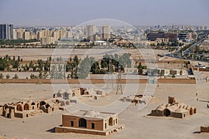 Aerial view of ancient Zoroastrian building and modern architecture in Yazd city, Iran.