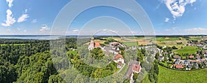 Aerial view on the Andechs Monastery and the Ammersee lake in summer