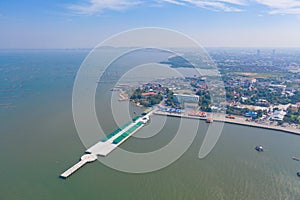 Aerial view of Ang Sila in Sri Racha district with sea, Chonburi skyline, Thailand. Urban city in Asia. Architecture landscape