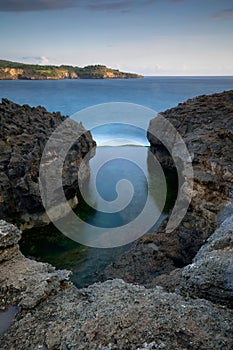 Aerial view of Angel Billabong beach in Nusa Penida island of Bali