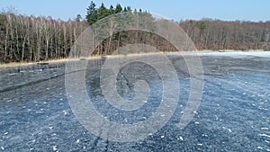 Aerial view of anglers on a frozen lake