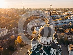 Aerial view of Annunciation Cathedral - Orthodox Church in center of Voronezh city at sunset