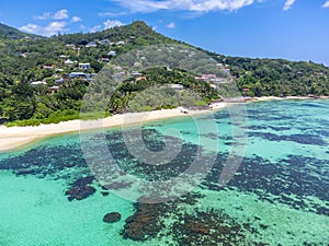 Aerial view of Anse Royale beach turquoise sea