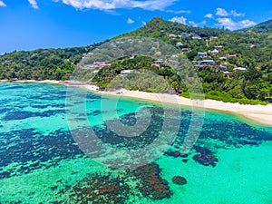 Aerial view of Anse Royale beach turquoise sea