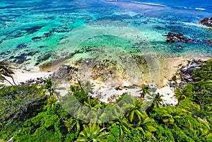 Aerial view of Anse Royale blue sea in Mahe island