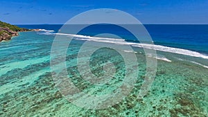 Aerial view of Anse Source Argent Beach in La Digue, Seychelles Islands - Africa