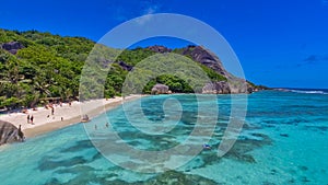 Aerial view of Anse Source Argent Beach in La Digue, Seychelles Islands - Africa