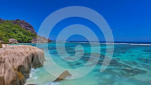 Aerial view of Anse Source Argent Beach in La Digue, Seychelles Islands - Africa