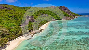 Aerial view of Anse Source Argent Beach in La Digue, Seychelles Islands - Africa