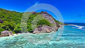 Aerial view of Anse Source Argent Beach in La Digue, Seychelles Islands - Africa