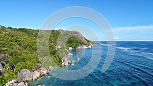 Aerial view on anse source d& x27;Argent beach on la digue island in Seychelles