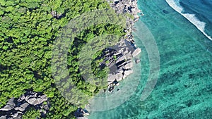 Aerial view on anse source d'Argent beach on la digue island in Seychelles