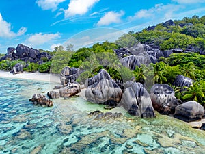 Aerial view of Anse Source D\'Argent beach in Seychelles