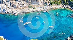 Aerial view of Anthony Quinn bay with boats Rhodes, Greece