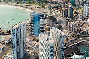 Aerial view of apartment buildings at La Peninsula and Cavancha Beach at the port city of Iquique
